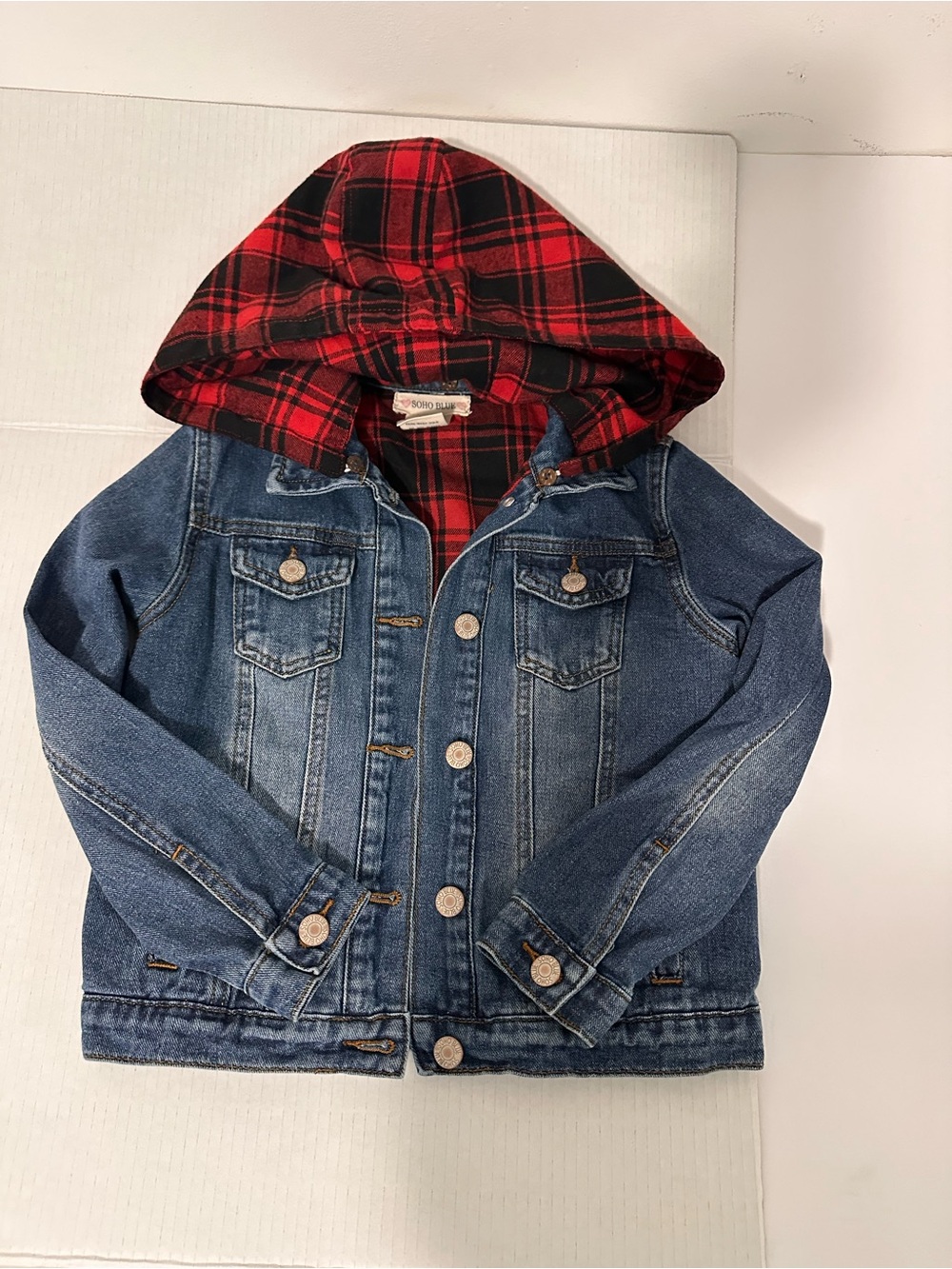 Soho Blue Red & Black Plaid Hooded Denim Jacket